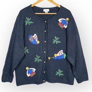Vintage Womens Embroidered Christmas Angel Cardigan Size 1X Holiday Gold Buttons